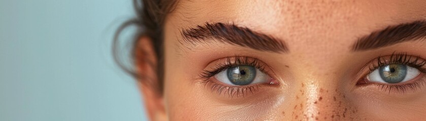 Eyebrow Shaping Focus on a person having their eyebrows shaped, with both smiling and looking at the camera, with a studio background, empty space right for text., 