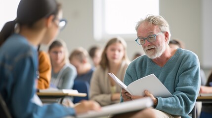 Poster - Documentary style photo of a small group of students receiving instruction from a professor, natural light, candid moment, focus on interaction and engagement