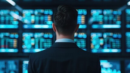 A businessman in a modern workspace with holographic data projections