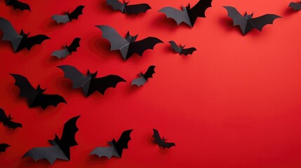 Poster - Halloween party paper bats on red backdrop