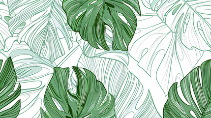 Poster - Abstract vector line art drawing of monstera leaves on a white background, using a green and gray color palette in the style of a seamless pattern design.