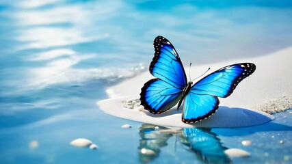 Sticker - Butterfly on the seashore. Animation of wings and waves.