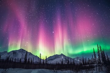 a shimmering aurora borealis dancing across the night sky, painting the heavens with vibrant hues of