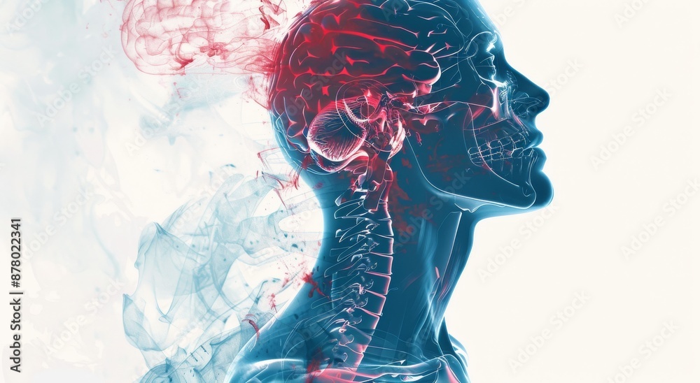 3D medical illustration of human head and neck with transparent body ...