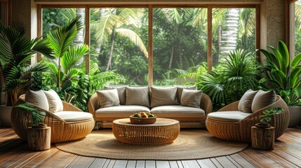 Wall Mural - Tropical Living Room with Wicker Furniture