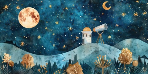 A whimsical watercolor painting of a person gazing at the stars with a telescope under a full moon.