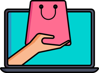 Sticker - Hand holding shopping bag in laptop screen icon in flat style.