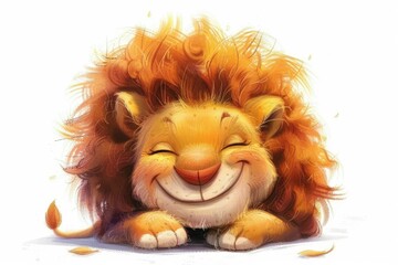 Adorable illustration of a cute cartoon lion smiling with a fluffy mane, creating a sense of joy and warmth against a clean white background.