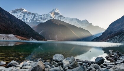 Beautiful landscape with high mountains with illuminated peaks, stones in mountain lake, reflection, blue sky and yellow sunlight in sunrise. Nepal. Amazing scene with Himalayan mountains. Himalayas.