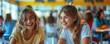 © MK studio - Two friends are sitting at a table in the school cafeteria. Two friends are talking and smiling, sitting together at a table in the cafeteria. tray with school lunch in front of them