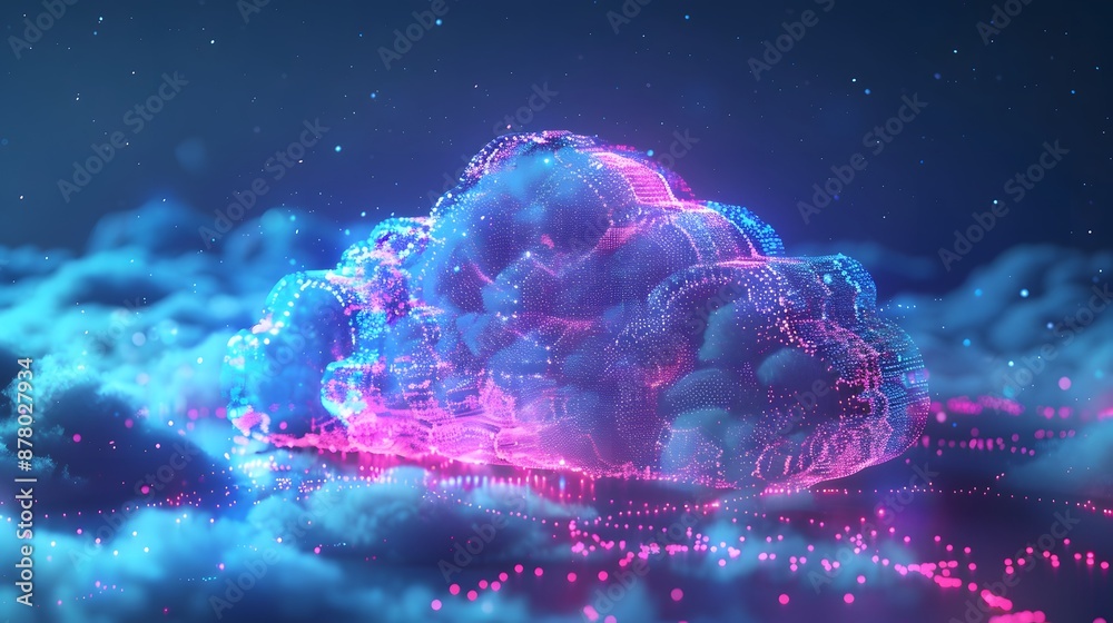 Futuristic digital cloud with neon lights representing data storage and ...