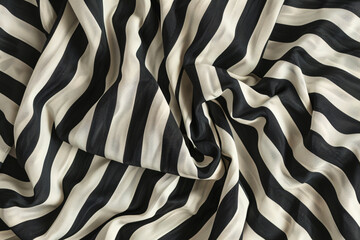 Poster - Black and white striped shirt texture, top view. Wavy fabric with vertical lines as background or wallpaper. High resolution flat lay.
