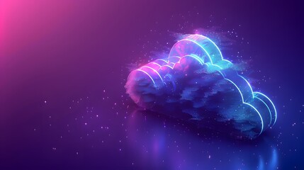 Poster - Vibrant and futuristic illustration of a glowing cloud with neon lights on a dark background, symbolizing digital technology and innovation.