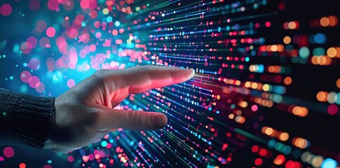 Poster - Glowing hand touching a digital screen with binary code and colorful lights in the background.