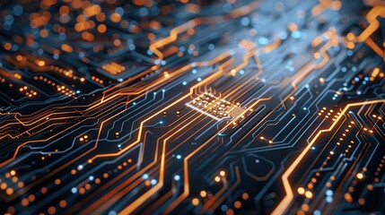 Poster - Glowing orange and blue circuit board with a central processing unit
