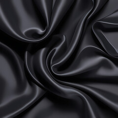 Black silk background with dark luxurious fabric draped texture folds in waves of flowing soft pattern, abstract satin or velvet cloth in luxury material design. ai