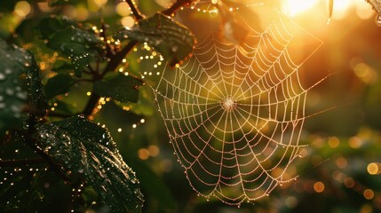 a picturesque photo highlights a rain-drenched spider web glistening in the morning light.