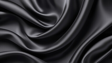 Black silk background with dark luxurious fabric draped texture folds in waves of flowing soft pattern, abstract satin or velvet cloth in luxury material design. ai