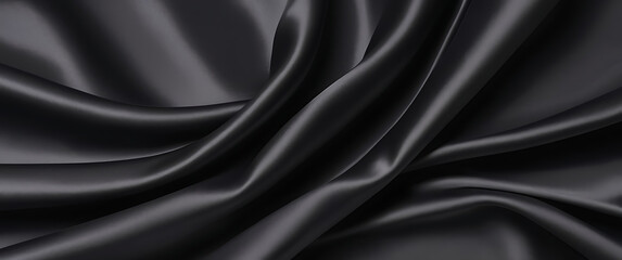 Black silk background with dark luxurious fabric draped texture folds in waves of flowing soft pattern, abstract satin or velvet cloth in luxury material design. ai