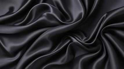 Black silk background with dark luxurious fabric draped texture folds in waves of flowing soft pattern, abstract satin or velvet cloth in luxury material design. ai