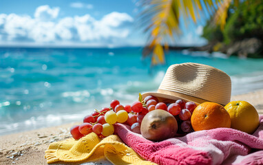 Fresh fruits and a straw hat laying on a colorful beach towel on a tropical beach with turquoise water