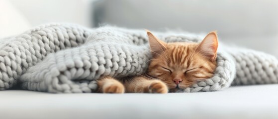 Cute ginger kitten sleeping comfortably under a cozy grey blanket on a couch, capturing a serene and peaceful moment of rest.