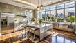 © DigitalArt Max - Sleek, high-gloss cabinets, marble countertops, and stainless steel appliances adorn a spacious, sun-drenched kitchen in a lavish metropolitan residence.