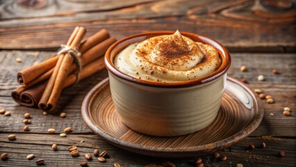 Canvas Print - Close-up of a scrumptious vanilla cream topped with a sprinkle of cinnamon in a delicate ceramic dessert cup.