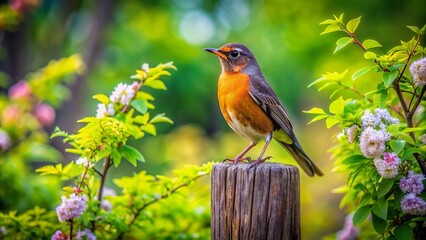 Wall Mural - Small brown bird with distinctive red breast feathers perched alone on a plain white studio background looking upwards slightly.