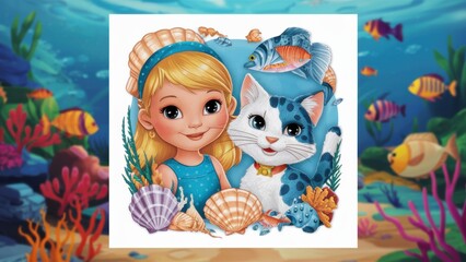 Poster - A girl and cat are sitting on a rock with fish, AI