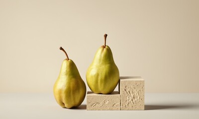 Wall Mural - Two green pears on textured blocks against a beige backdrop