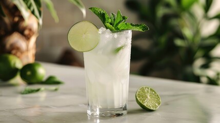 Poster - Coconut milk mojito with mint and lime in a modern glass