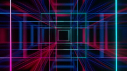 Wall Mural - abstract background 3d animation moving through shiny glass metal and neon lights tunnel, loop