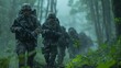 © tongpatong - Troops from the military force going carefully through a forest in a commando formation