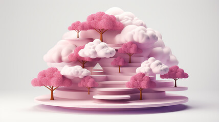 Wall Mural - podium pink clouds plastic paper 3d style.