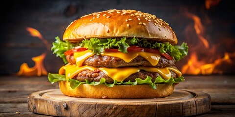 Double Cheeseburger with Melted Cheese and Flame Background,  burger ,  cheeseburger ,  fastfood ,  food photography