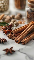 Poster - A close-up shot of a variety of baking spices arranged on a kitchen countertop. The spices include cinnamon sticks, nutmeg, cloves, and vanilla pods.