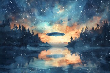 Wall Mural - Watercolor illustration of a serene UFO hovering above a tranquil lake surrounded by a luminous galaxy Peaceful, reflective atmosphere