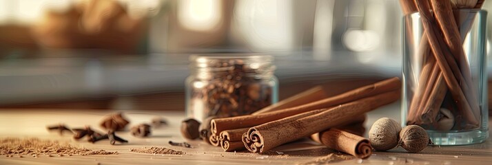 Aufkleber - Cinnamon sticks, nutmeg, cloves, and vanilla pods arranged on a kitchen countertop.