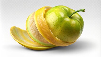 Wall Mural - Yellow curved fruit with green tip and peel wrinkles isolated on transparent background with subtle shadow effect.