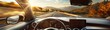 © Veronika - A focused driver is behind the wheel, with a view of the road and a beautiful landscape ahead, as seen through the windshield of the car on a sunny day.