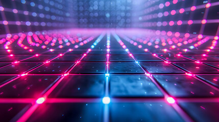 Poster - Cyan blue and purple grids neon glow light lines design on perspective floor, creativity, digital
