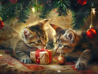 Playful kittens having fun with a small present amidst the twinkling lights and colorful decorations of a beautifully adorned christmas tree, spreading holiday joy and cheer.