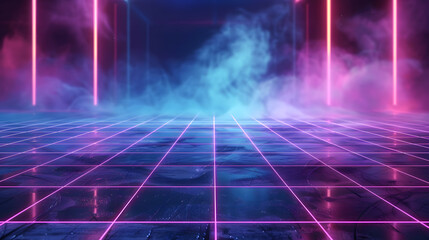 Poster - Cyan blue and purple grids neon glow light lines design on perspective floor, creativity, digital