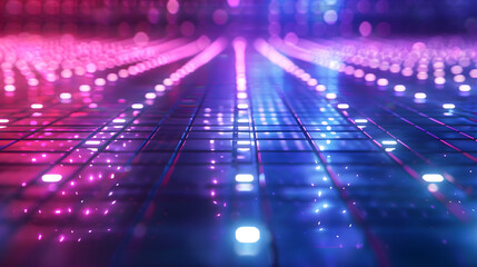 Poster - Cyan blue and purple grids neon glow light lines design on perspective floor, creativity, digital