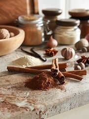 Poster - A close-up shot of cinnamon sticks, nutmeg, cloves, and vanilla pods arranged on a kitchen countertop.