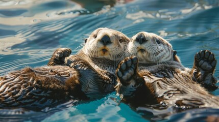 Wall Mural -  Two otters interacting in the water, each with a paw on the other's back