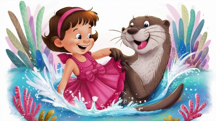 Wall Mural - A cartoon of a little girl in pink dress and otter playing, AI