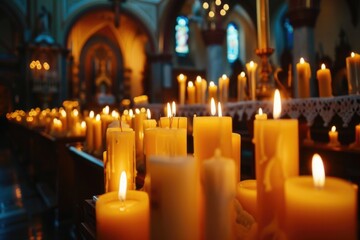 Candles. Lit Candles Burning in the Church for Meditation and Spiritual Practice