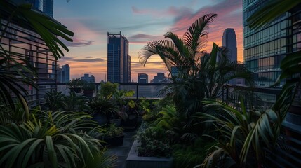 Wall Mural - A lush rooftop garden contrasts against high-rise buildings at sunset, blending nature with urban life.